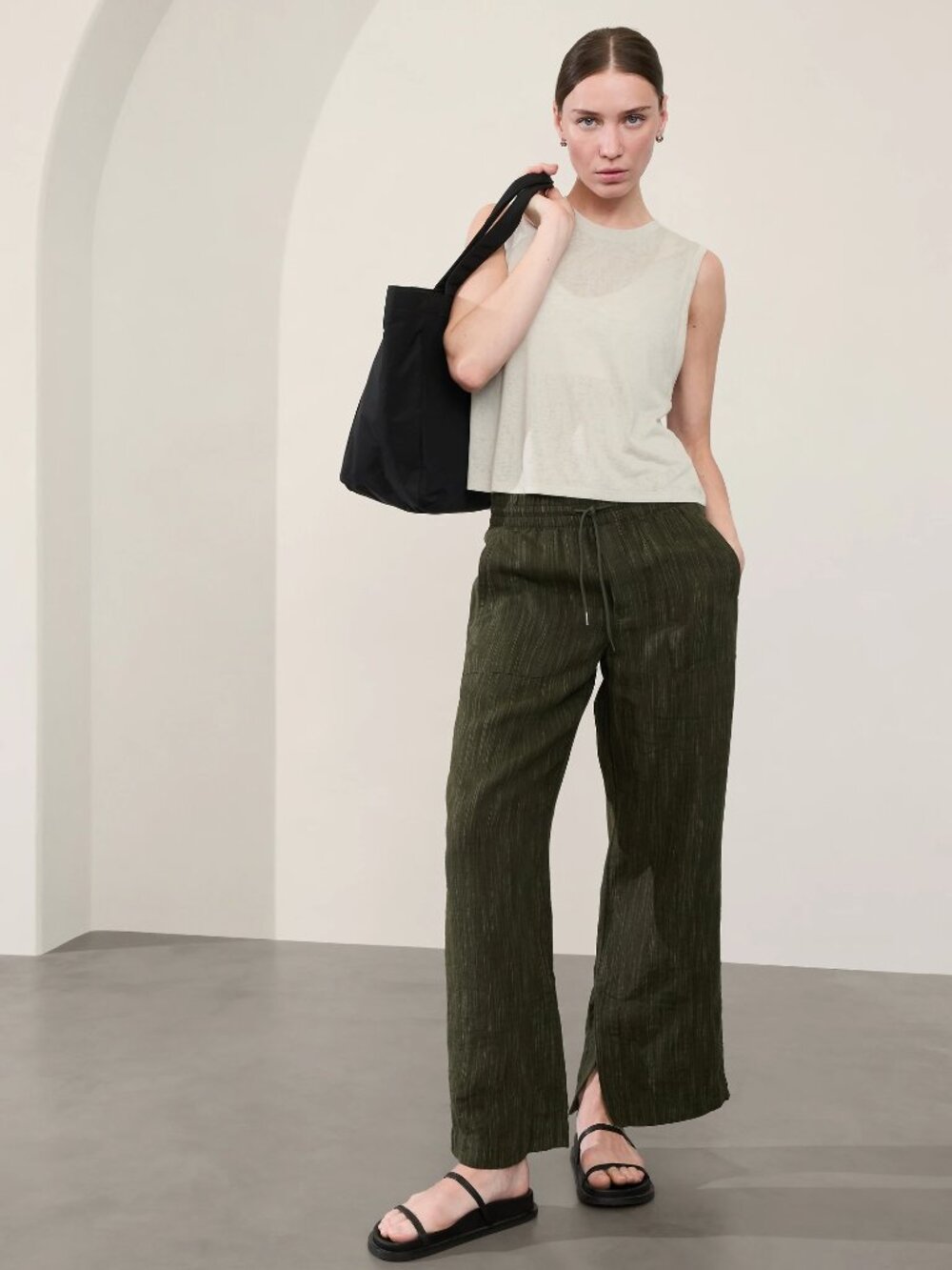 ATHLETA Retreat Woodland Green 100% Linen Wide Leg Drawstring Pants, Size XS